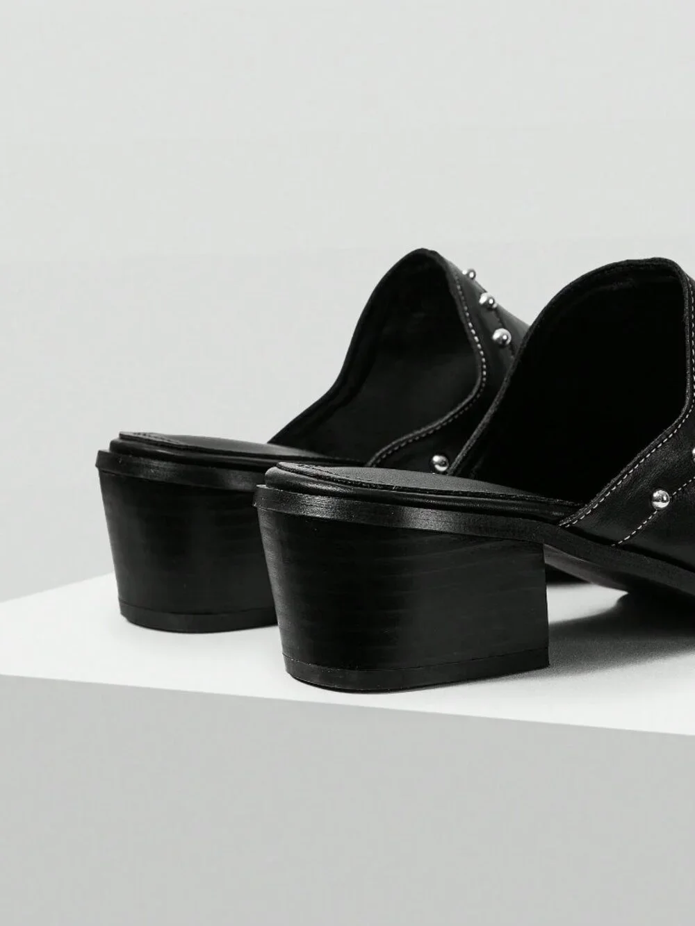 Black Casual Women's Western Studded Decor Pointed Toe High Heel Mules